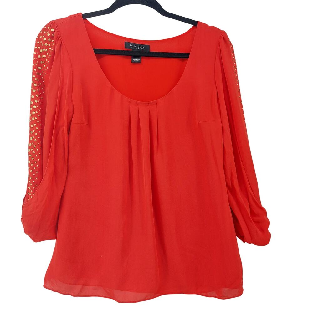 White House Black Market Silk Red Top Studded Sleeves Sz 6